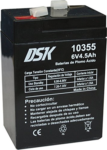 DSK Batería de Plomo AGM Sellada VRLA 6V 4,5Ah Recargable sin Mantenimiento para Alarmas, Seguridad, Juguetes Eléctricos y SAI. Alta Durabilidad Larga Vida útil. Compatible con terminales F1 y F2