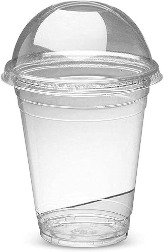 ABD 100 Vasos de Plástico Transparentes con Tapa Abovedada y Agujero para Pajita – Vasos para Batidos, Granizados, Smoothies y Bubble Tea – Reutilizables, Antiderrames (100 unidades, 350 ml)