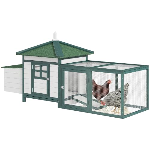 PawHut Gallinero de Madera Exterior con Nidos Corral 196x76x97 cm Verde | Jaula para Gallinas, Techo Asfáltico Impermeable, Bandeja Extraíble, Tapa Abatible