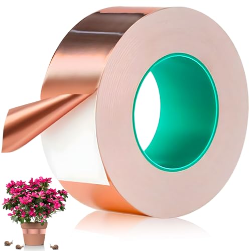 TEWWCEO Anticaracoles y Babosas Cinta de Cobre Adhesiva, 50mm x 25m Barrera contra babosas Protección contra Ambos Lados Conductora de Lámina Cinta de Cobre para Protección de Plantas